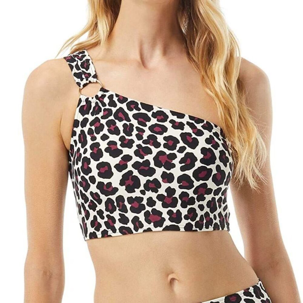 MICHAEL Michael Kors One-Shoulder Bikini Top, Leopard, Logo Ring (Small)